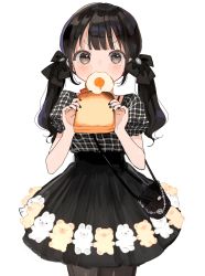 Rule 34 | 1girl, absurdres, bag, black bow, black hair, black nails, black pantyhose, black shirt, black skirt, bow, bread slice, brown eyes, commentary, egg (food), food, food in mouth, fried egg, hair bow, highres, holding, holding food, long hair, low twintails, maple (abc2215), mole, mole under eye, mouth hold, nail polish, original, pantyhose, plaid, plaid shirt, puffy short sleeves, puffy sleeves, shirt, short sleeves, shoulder bag, simple background, skirt, solo, symbol-only commentary, toast, twintails, v-shaped eyebrows, white background