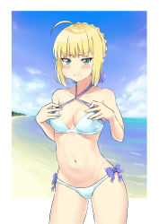 Rule 34 | 1girl, absurdres, ahoge, artoria pendragon (all), artoria pendragon (fate), artoria pendragon (swimsuit archer) (first ascension) (fate), beach, bikini, blonde hair, blue bow, blue eyes, blush, bow, braid, breast conscious, breasts, cleavage, criss-cross halter, day, fate/grand order, fate/stay night, fate (series), hair bow, halterneck, hands on own chest, highres, looking at viewer, medium breasts, na arva, navel, ocean, outdoors, pout, puffy cheeks, saber (fate), short hair, solo, stomach, swimsuit, white bikini