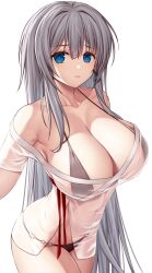 Rule 34 | 1girl, absurdres, asamura hiori, azur lane, bikini, black bikini, blue eyes, breasts, cleavage, closed mouth, collarbone, commentary request, earrings, grey hair, hair between eyes, highres, jewelry, large breasts, long hair, looking at viewer, mainz (azur lane), mainz (the silkiest brew) (azur lane), navel, o-ring, o-ring bikini, official alternate costume, see-through, see-through shirt, shirt, sidelocks, simple background, single earring, solo, standing, swimsuit, very long hair, white background, white shirt