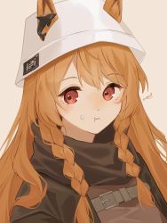 Rule 34 | 1girl, :t, animal ears, arknights, black jacket, braid, brown background, brown hair, ceobe (arknights), commentary request, dog ears, ears through headwear, eating, food, food on face, hair between eyes, high collar, highres, jacket, long hair, motoha, red eyes, signature, simple background, solo, twin braids, upper body, white headwear