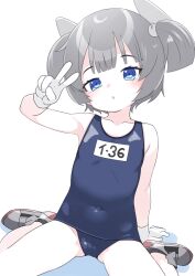 Rule 34 | 1girl, blue eyes, blue one-piece swimsuit, blush, gloves, grey hair, headgear, i-36 (kancolle), kantai collection, looking at viewer, name tag, nassukun, one-piece swimsuit, parted lips, school swimsuit, shoes, short twintails, simple background, sitting, solo, swimsuit, twintails, v, white background, white gloves