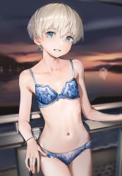 Rule 34 | 1girl, absurdres, bare arms, bare shoulders, blonde hair, blue bra, blue eyes, blue panties, blurry, blush, bow, bow bra, bow panties, bra, breasts, cloud, collarbone, commentary, cowboy shot, depth of field, earrings, hair between eyes, highres, jewelry, kabayaki namazu, kantai collection, lace, lace-trimmed bra, lace-trimmed panties, lace trim, landscape, lingerie, looking at viewer, navel, panties, parted lips, railing, short hair, sky, small breasts, smile, solo, standing, stomach, sunset, underwear, underwear only, z1 leberecht maass (kancolle)