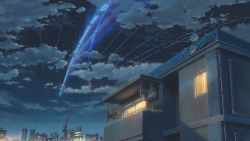 Rule 34 | absurdres, air conditioner, antenna, architecture, building, cable, city, cloud, cloudy sky, comet, crane (machine), curtains, highres, house, industrial pipe, japan, kimi no na wa., light, night, night sky, no humans, official art, pipeline, satellite dish, shinjuku (tokyo), shinkai makoto, sky, star (sky), tokyo (city), urban, window