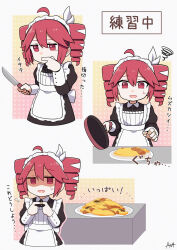 1girl ahoge alternate_costume apron bandaid bandaid_on_hand black_dress bow chibi collared_dress cooking dress drill_hair enmaided failure finger_sucking flying_sweatdrops food frown frying_pan hair_bow highres holding holding_frying_pan index_fingers_together jitome kasane_teto kasane_teto_(sv) knife maid maid_apron maid_headdress notice_lines omelet omurice open_mouth plate red_eyes red_hair sato_(r017xts117) shaded_face short_hair signature squiggle sweatdrop synthesizer_v tearing_up translation_request twin_drills utau