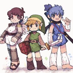 Rule 34 | 3boys, angel, angel wings, barefoot, belt, blue hair, boots, brown footwear, brown hair, commission, donbe, full body, green headwear, highres, holding, holding shield, holding sword, holding weapon, japanese clothes, katana, kid icarus, kid icarus (nes), kimono, link, male focus, multiple boys, nintendo, pit (kid icarus), pointy ears, sandals, scarf, shield, shin onigashima, short kimono, skeb commission, smile, standing, sword, the legend of zelda, the legend of zelda (nes), toga, tomatoaaa, tunic, vambraces, weapon, wings