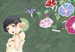 Rule 34 | 1girl, bare shoulders, black eyes, black hair, blush, bracelet, character request, cup, disposable cup, female focus, flower, hair ornament, hairclip, jewelry, musical note, open mouth, phone, plant, saiguchi otoufu, solo, string, string phone, upper body