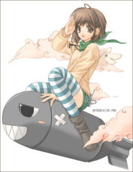 Rule 34 | 1girl, :d, bomb, brown eyes, brown hair, explosive, maki chitose, open mouth, salute, smile, solo, striped clothes, striped thighhighs, thighhighs, wings
