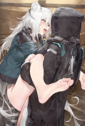 Rule 34 | 1boy, 1girl, after kiss, animal ears, aos, arknights, barefoot, black gloves, blue jacket, bottomless, clothed sex, commentary, commission, doctor (arknights), feet, gloves, hair between eyes, hetero, highres, hood, hood up, indra (arknights), jacket, lifting person, long hair, long sleeves, looking at another, male doctor (arknights), open mouth, saliva, saliva trail, scar, scar on face, scar on nose, sex, skeb commission, soles, solo focus, suspended congress, tail, teeth, tiger ears, tiger girl, tiger tail, toes, tongue, tongue out, upper teeth only, very long hair, white hair