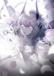 Rule 34 | 1girl, absurdres, armor, armored dress, breasts, bride, center-flap bangs, cleavage, covered face, dress, energy ring, falling petals, feet out of frame, flower, glowing, glowing eyes, grey hair, hair between eyes, headgear, highres, light particles, liv: luminance (skeletal bride) (punishing: gray raven), liv (punishing: gray raven), looking at viewer, mechanical arms, mechanical parts, medium breasts, nyalink, official alternate costume, open mouth, pale skin, petals, pink eyes, pink flower, pink rose, punishing: gray raven, rose, rose petals, see-through, see-through veil, short hair, solo, veil, wedding dress, white dress