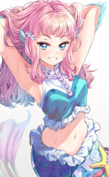 Rule 34 | 1girl, arms up, blue eyes, blush, breasts, eyelashes, fins, grin, hands in hair, head fins, highres, laura (precure), lips, looking at viewer, medium breasts, mermaid, midriff, monster girl, navel, pearl hair ornament, pink hair, precure, smile, solo, tokunou shoutarou, tropical-rouge! precure