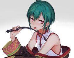 Rule 34 | ahoge, androgynous, bad id, bad twitter id, chinese clothes, earrings, gender request, green hair, highres, holding, holding riding crop, jewelry, konbu wakame, licking, nail polish, nijisanji, purple eyes, red nails, riding crop, ryuushen, short hair, solo, virtual youtuber, whip