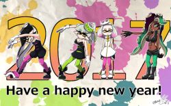 Rule 34 | + +, 2017, 4girls, ankle boots, artist name, black dress, black footwear, black gloves, black hair, black jumpsuit, black shirt, black shorts, black skin, boots, breasts, brown eyes, callie (splatoon), cleavage, closed mouth, colored skin, commentary request, cousins, crop top, crown, dark-skinned female, dark skin, detached collar, dress, earrings, english text, fingerless gloves, food, food on head, gloves, green eyes, green legwear, grey hair, happy new year, inkling, jewelry, jumpsuit, leaning forward, leaning to the side, long hair, looking at viewer, marie (splatoon), marina (splatoon), medium breasts, midriff, mole, mole under eye, mole under mouth, multicolored hair, multiple girls, navel, new year, nintendo, object on head, octoling, open mouth, paint splatter, pantyhose, pantyhose under shorts, pearl (splatoon), pointy ears, purple legwear, shirt, short dress, short hair, short jumpsuit, shorts, signature, sleeveless, sleeveless dress, smile, splatoon (series), splatoon 1, splatoon 2, standing, strapless, strapless dress, streaked hair, sushi, tentacle hair, unworn headwear, usa (dai9c carnival), white dress, white footwear, white gloves, white hair, zipper pull tab