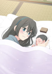 Rule 34 | 1girl, absurdres, azuki-iro, baby, black hair, blanket, blue eyes, futon, glasses, green hairband, hairband, highres, kantai collection, long hair, mother and child, ooyodo (kancolle), pillow, tatami, under covers