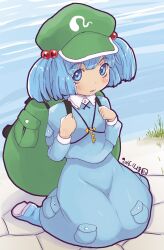 Rule 34 | 1girl, blue eyes, blue footwear, blue hair, blue shirt, blue skirt, blush, boots, breasts, collared shirt, commentary request, dated, expressionless, flat cap, full body, grass, green bag, green hat, hair bobbles, hair ornament, hat, highres, jewelry, kawashiro nitori, kei jiei, key, key necklace, long sleeves, looking at viewer, necklace, one-hour drawing challenge, open mouth, pocket, rubber boots, shirt, short hair, sitting, skirt, skirt set, small breasts, solo, touhou, two side up, wariza