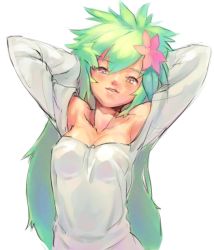 Rule 34 | 1girl, armpits, arms behind head, arms up, bare shoulders, blush, collarbone, creatures (company), face, flower, game freak, gen 4 pokemon, green hair, hair flower, hair ornament, legendary pokemon, lips, long hair, messy hair, mythical pokemon, nintendo, personification, pokemon, s.o chin, shaymin, shaymin (land), sketch, smile, solo, stretching, very long hair