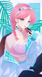 Rule 34 | 1girl, absurdres, arknights, bare shoulders, blue eyes, blue poison (arknights), blue poison (shoal beat) (arknights), border, breasts, cellphone, choker, cleavage, collarbone, commentary request, cowboy shot, female focus, hairband, highres, jacket, light smile, looking at viewer, malqsm, midriff, nail polish, navel, o-ring, o-ring choker, off shoulder, official alternate costume, parted bangs, phone, pink choker, pink sports bra, scales, short hair, shorts, sitting, smartphone, smile, solo, sports bra, tongue, tongue out, v, white border, white shorts