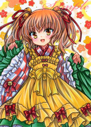 Rule 34 | 1girl, :d, apron, bell, blush, bow, checkered clothes, checkered kimono, commentary request, cowboy shot, embellished costume, floral background, frilled apron, frilled kimono, frills, hair bell, hair ornament, hair ribbon, hands up, japanese clothes, jingle bell, kimono, long sleeves, looking at viewer, marker (medium), medium hair, motoori kosuzu, open mouth, orange eyes, orange hair, red bow, red ribbon, ribbon, rui (sugar3), sample watermark, sleeves past wrists, smile, solo, standing, touhou, traditional media, two side up, watermark, wide sleeves, yellow apron