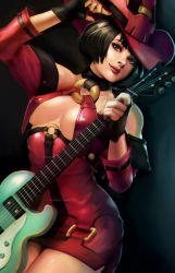 Rule 34 | 1girl, black gloves, black hair, breasts, electric guitar, fingerless gloves, gloves, green eyes, guilty gear, guitar, hat, highres, i-no, instrument, large breasts, lips, phamoz, red hat, short hair, solo
