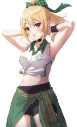 Rule 34 | 1girl, arms behind head, black shorts, blonde hair, blush, breasts, chloe (princess connect!), chloe (school festival) (princess connect!), clothes around waist, collared shirt, commentary request, cowboy shot, highres, kuroganeruto, looking at viewer, medium breasts, midriff, navel, open mouth, ponytail, princess connect!, purple eyes, shirt, shorts, simple background, sleeves rolled up, solo, sweatband, white background, white shirt