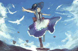 Rule 34 | 1girl, balancing, bird, blue hair, bow, cloud, cross-laced footwear, day, food, fruit, full body, hat, highres, hinanawi tenshi, keystone, leaf, long hair, mifuru, open mouth, outstretched arms, peach, puffy short sleeves, puffy sleeves, rainbow order, red eyes, short sleeves, sky, solo, spread arms, standing, standing on one leg, touhou, very long hair
