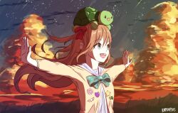 Rule 34 | 1girl, :d, animal, animal on head, badge, blue eyes, bow, bowtie, brown hair, button badge, cardigan, cloud, cloudy sky, evening, grass, green bow, green bowtie, grey sailor collar, hair ribbon, heart, indie virtual youtuber, kapxapius, long hair, looking afar, looking ahead, neuro-sama, on head, open mouth, outstretched arms, red ribbon, ribbon, sailor collar, shirt, sidelocks, sky, smile, spread arms, star (sky), star (symbol), sunset, swarm drone (neuro-sama), teeth, turtle, two side up, upper body, upper teeth only, vedal987, virtual youtuber, white shirt, yellow cardigan