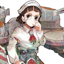 Rule 34 | 10s, 1girl, brown eyes, brown hair, capelet, eyewear strap, glasses, hand on own hip, itomugi-kun, kantai collection, pince-nez, roma (kancolle), short hair, solo, turret, upper body, wavy hair, white background