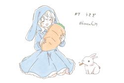 Rule 34 | 1girl, :d, ^ ^, alternate costume, animal, animal ears, animal hood, animal name, blue dress, carrot, closed eyes, closed mouth, commentary, dress, facing animal, highres, holding, holding stuffed toy, hood, hood up, hooded dress, kagerou project, kozakura marry, long sleeves, lop rabbit ears, mouth hold, numbered, open mouth, pastel colors, plush food, rabbit, rabbit-ear hood, rabbit ears, sa-fu (sfmk39), simple background, sitting, smile, solo, stuffed food, stuffed toy, translated, twitter username, white background, white hair, white rabbit (animal)