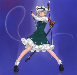 Rule 34 | 1girl, dual wielding, female focus, flower, full body, ghost, gradient background, hairband, holding, katana, konpaku youmu, konpaku youmu (ghost), muhamado, plant, short hair, silver hair, skirt, solo, sword, tanto, touhou, weapon
