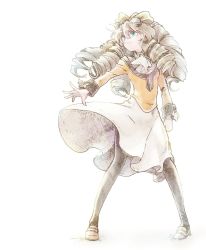 Rule 34 | 1girl, bow, closed mouth, dress, drill hair, full body, goggles, goggles on head, green eyes, grey hair, hair bow, long hair, maria balthasar, michibata 65, pantyhose, simple background, solo, white background, xenogears, yellow bow