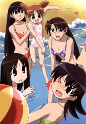 Rule 34 | 5girls, :d, :o, ;o, ^^^, age difference, azumanga daiou, ball, barefoot, beach, beachball, bikini, black eyes, black hair, blue bikini, blush, breasts, brown eyes, brown hair, carrying, casual one-piece swimsuit, child, cleavage, clenched hand, day, flat chest, flipped hair, floral print, glasses, green one-piece swimsuit, happy, highres, kasuga ayumu, large breasts, long hair, medium breasts, mihama chiyo, mizuhara koyomi, multiple girls, navel, nose blush, ocean, official art, oguri hiroko, one-piece swimsuit, one eye closed, open mouth, orange hair, outdoors, parted bangs, pink one-piece swimsuit, print bikini, print swimsuit, red bikini, rimless eyewear, sakaki (azumanga daioh), scan, seashell, shell, short twintails, small breasts, smile, starfish, surprised, swimsuit, takino tomo, twintails, very long hair, wading, water