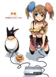 Rule 34 | 1girl, belt, bird, blue eyes, blue nails, breasts, brown hair, caee penguin, cleavage, food, game console, highres, nail polish, navel, non-web source, original, penguin, plaid, plaid skirt, playing games, playstation 3, shrimp, skirt, solo, thighhighs, twintails
