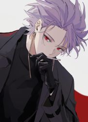 Rule 34 | 1boy, black sweater, cigarette, commentary request, earrings, grey jacket, highres, holding, holding cigarette, jacket, jewelry, kkeom, korean commentary, long sleeves, male focus, open clothes, open jacket, purple hair, red eyes, saibou shinkyoku, short hair, simple background, solo, sweater, theodore riddle, turtleneck, turtleneck sweater, two-tone background, upper body