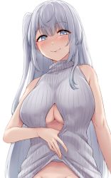 Rule 34 | 1girl, absurdres, blue eyes, blush, breasts, cleavage, closed mouth, clothes lift, fuyutsuki (kancolle), groin, heart, heart-shaped pupils, highres, kantai collection, kiritto, large breasts, lifting own clothes, long hair, one side up, simple background, smile, solo, sweater, sweater lift, symbol-shaped pupils, underboob, upper body, white background, white hair, white sweater