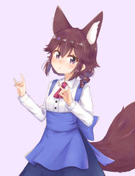 Rule 34 | 1girl, :o, animal ears, apron, ascot, blue apron, blue sky, blush, breasts, brown eyes, brown hair, collared shirt, commentary request, double fox shadow puppet, dress shirt, fox ears, fox girl, fox shadow puppet, fox tail, hair between eyes, highres, kemonomimi mode, kuramoto takato, long sleeves, looking at viewer, machikado mazoku, parted lips, pink background, red ascot, shirt, simple background, sky, small breasts, solo, tail, white shirt, yoshida ryouko