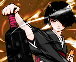 Rule 34 | 1girl, black hair, club, club (weapon), gedomaru, gintama, hair over one eye, japanese clothes, kanabou, kimono, looking at viewer, red eyes, sapon, shikigami, short hair, solo, weapon