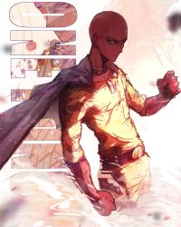 Rule 34 | 1boy, absurdres, bald, blood, blood on clothes, cape, clenched hand, gloves, highres, instagram logo, jumpsuit, looking at viewer, male focus, one-punch man, red gloves, saitama (one-punch man), serious, smoke, solo, stephengiannart, twitter username, white background, white cape, yellow jumpsuit