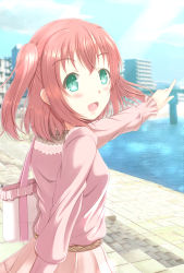 Rule 34 | 1girl, aqua eyes, artist name, artist request, bag, belt, blue sky, blush, breasts, brown belt, building, cloud, day, female focus, flower, from behind, green eyes, hair between eyes, handbag, highres, kurosawa ruby, long sleeves, looking at viewer, looking back, love live!, love live! school idol festival, love live! sunshine!!, miniskirt, ocean, outdoors, parted lips, pink shirt, plaid, plaid skirt, pleated, pleated skirt, pointing, puffy long sleeves, puffy sleeves, red hair, shirt, short hair, shoulder bag, skirt, sky, small breasts, smile, solo, twintails, two side up, white skirt