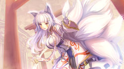 Rule 34 | 1girl, animal ears, belt, blurry, blurry background, breasts, chisya syuri, commentary request, commission, dress, facepaint, fingerless gloves, fox ears, fox girl, fox tail, gloves, hair ornament, hairclip, indie virtual youtuber, large breasts, long hair, looking at viewer, multiple tails, open mouth, original, outstretched arm, red eyes, red lips, skeb commission, solo, tail, tenmaso, torii, virtual youtuber, white dress, white hair, wide sleeves