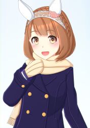 Rule 34 | 1girl, 2-butani, absurdres, animal ears, blush, braid, breath, brown hair, buttons, coat, commentary request, crown braid, double-breasted, duffel coat, hands on own chest, headband, highres, horse ears, horse girl, looking at viewer, medium hair, mittens, open mouth, portrait, scarf, solo, tracen winter coat, umamusume, winter clothes, winter coat, yellow eyes, yukino bijin (umamusume)