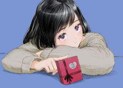 Rule 34 | 1girl, absurdres, black hair, blue background, box, closed mouth, fingernails, gift, gift box, happy valentine, highres, long fingernails, long sleeves, looking at viewer, maruyama rui, original, purple eyes, short hair, simple background, solo, sweater, swept bangs, valentine