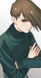 Rule 34 | 1boy, artist logo, brown hair, closed mouth, commentary request, crossed arms, expressionless, gradient background, green eyes, green sweater, gundam, gundam wing, hair over one eye, looking at viewer, male focus, one eye covered, short hair, solo, sweater, trowa barton, turtleneck, turtleneck sweater, upper body, ususio 11