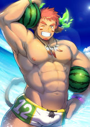 Rule 34 | 1boy, bara, beard, bracelet, bulge, drawstring, facial hair, feather necklace, fiery horns, floppy ears, food, forked eyebrows, fruit, glowing horns, green briefs, green horns, green male swimwear, green swim trunks, highres, holding, holding food, holding watermelon, horns, jewelry, large pectorals, looking at viewer, male focus, male swimwear, male swimwear writing, multicolored male swimwear, multicolored swim trunks, muscular, native american, necklace, nipples, pectorals, print male swimwear, print swim trunks, print swimsuit, solo, summer, swim trunks, swim trunks writing, swimsuit, swimsuit writing, tokyo houkago summoners, topless male, wakan tanka, waku (ayamix), watermelon, white male swimwear, white swim trunks