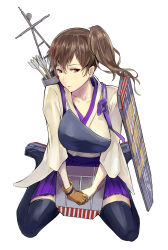 Rule 34 | 10s, 1girl, arrow (projectile), bad id, bad pixiv id, blush, breasts, brown eyes, brown hair, clog sandals, flight deck, gloves, hidezi, japanese clothes, kaga (kancolle), kantai collection, large breasts, muneate, okobo, partially fingerless gloves, partly fingerless gloves, personification, quiver, sandals, short hair, side ponytail, single glove, sitting, skirt, solo, thighhighs, wariza, yugake