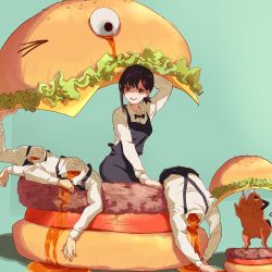 Rule 34 | absurdres, apron, black eyes, black hair, bloom into me15, bow, bowtie, burger, chainsaw man, cheese, corpse, crying, crying with eyes open, death, dot pupils, food, hair ornament, hairclip, headless, higashiyama kobeni, highres, lettuce, mole, mole on cheek, mole under eye, multiple moles, nervous, nervous smile, one eye closed, pochita (chainsaw man), ringed eyes, short ponytail, smile, sweat, tears, teeth, tomato, upper teeth only
