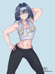 Rule 34 | 1girl, bachunawa, blue background, blue hair, boros (ouro kronii), bow, bow earrings, collar, crop top, earrings, hair intakes, headband, hololive, hololive english, jewelry, ouro kronii, pants, shirt, short hair, smug, sweatpants, towel, towel around neck, virtual youtuber