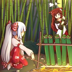 Rule 34 | ..., 2girls, anger vein, angry, animal ears, armband, bamboo, bamboo forest, brooch, brown eyes, brown hair, bush, collarbone, comic, dress, fire, fire, forest, fujiwara no mokou, full body, full moon, fume, gem, hidden eyes, holding, imaizumi kagerou, jewelry, kneeling, long hair, long sleeves, looking to the side, low-tied long hair, moon, moonlight, multiple girls, nature, night, night sky, ofuda, on one knee, outdoors, pants, peeking out, plant, ponytail, red footwear, red pants, rock, scared, shoes, silver hair, sky, spoken ellipsis, standing, star (sky), starry sky, stick, tail, text focus, touhou, translation request, upper body, very long hair, wavy mouth, white dress, wolf ears, wolf tail, wool (miwol)