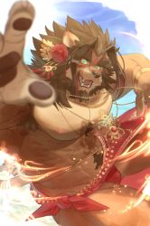 Rule 34 | 1boy, animal ears, animal nose, armpit hair, aura, bara, barong (housamo), birry, blue eyes, blurry, brown fur, brown hair, colored sclera, commentary, cowboy shot, depth of field, eyeliner, facial mark, fangs, fangs out, flower, forehead mark, furry, furry male, hair flower, hair ornament, highres, jewelry, lion boy, lion ears, lion tail, loincloth, male focus, muscular, muscular male, navel hair, necklace, nose piercing, open mouth, pawpads, piercing, red eyeliner, sky, smile, snout, solo, spiked hair, tail, thick eyebrows, tokyo houkago summoners, yellow sclera