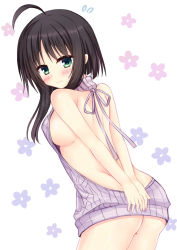 Rule 34 | 1girl, ahoge, arms behind back, artist request, back, backless dress, backless outfit, bare arms, bare back, bare shoulders, black hair, blush, breasts, covering ass, covering privates, cowboy shot, dress, green eyes, highres, hitachi mako, long hair, medium breasts, meme attire, naked sweater, ribbed sweater, senren banka, sleeveless, sleeveless turtleneck, solo, sweater, sweater dress, turtleneck, turtleneck sweater, virgin killer sweater