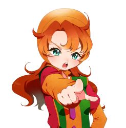 Rule 34 | 1girl, absurdres, blue eyes, blush, commentary request, curly hair, dragon quest, dragon quest vii, dress, foreshortening, hat, highres, hood, long hair, looking at viewer, maribel (dq7), open mouth, red hair, simple background, solo, v-shaped eyebrows, white background