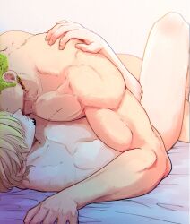 Rule 34 | 2boys, bara, blonde hair, couple, daken (zorosan lover), facial hair, feet out of frame, goatee, green hair, hair over eyes, head out of frame, highres, implied sex, knee up, large pectorals, long sideburns, lying on person, male focus, multiple boys, muscular, muscular male, mustache stubble, nude, on bed, one piece, pectoral docking, pectoral press, pectorals, protected link, roronoa zoro, sanji (one piece), short hair, sideburns, stubble, yaoi